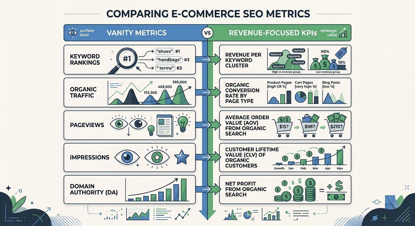 An infographic comparing vanity metrics versus revenue-focused KPIs for e-commerce SEO, showing examples like "keyword rankings" mapped to "revenue per keyword cluster" and "organic traffic" mapped to