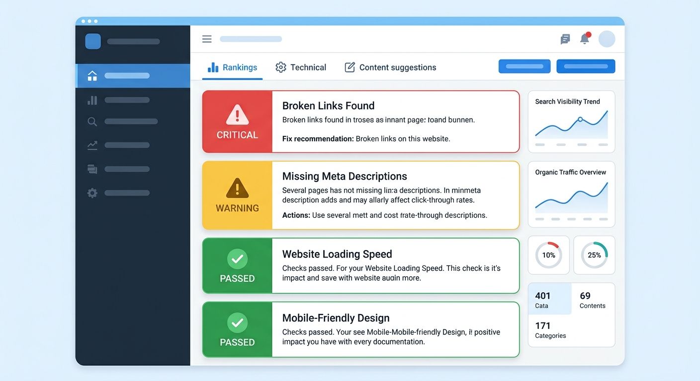Illustration of a simplified SEO dashboard interface with color-coded issue cards (red for critical, yellow for warnings, green for passed checks) and plain-language descriptions next to each item