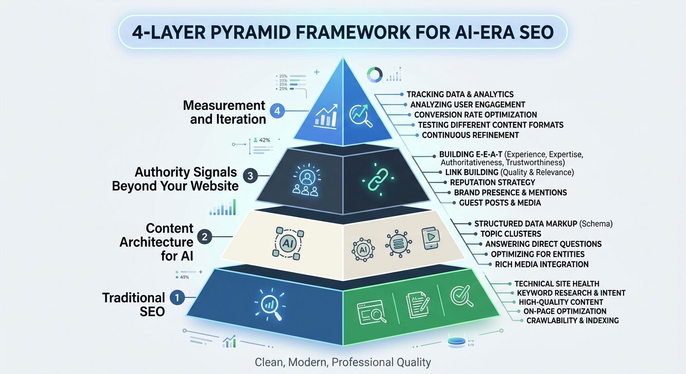 An infographic showing a four-layer pyramid framework for AI-era SEO, with Traditional SEO at the base, Content Architecture for AI on the second level, Authority Signals Beyond Your Website on the th