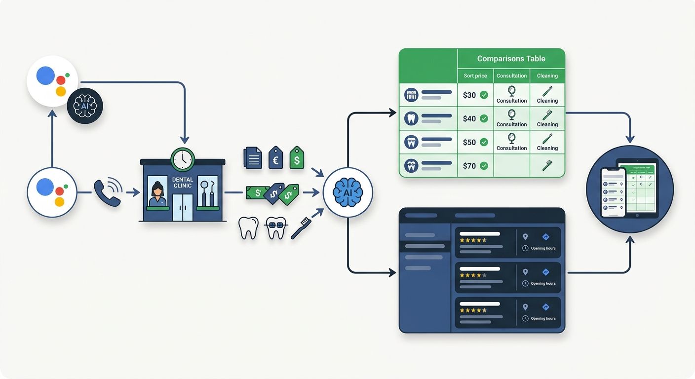 Flowchart showing Google AI calling a dental clinic, collecting pricing data, then presenting a comparison table to the searcher alongside traditional local pack results