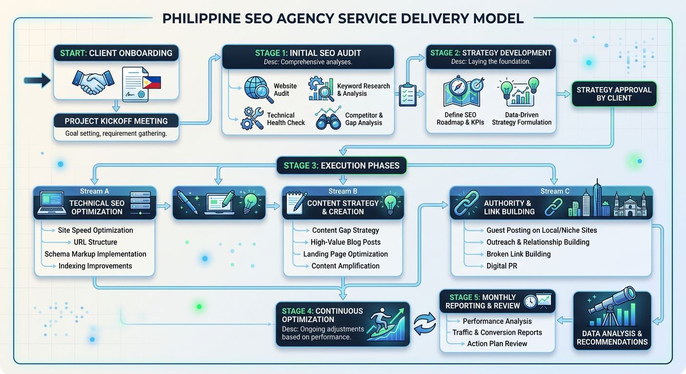 A flowchart diagram showing the typical service delivery model of a Philippine SEO agency, from initial audit through strategy development, execution phases including technical SEO, content, and link 
