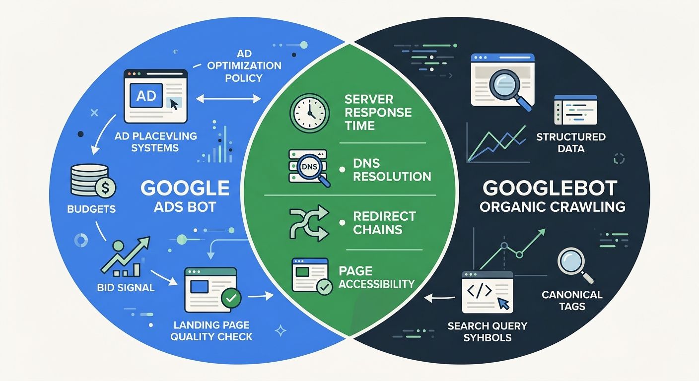 A Venn diagram showing the overlap between Google Ads crawling systems and Googlebot organic crawling, with shared signals like server response time, DNS resolution, redirect chains, and page accessib