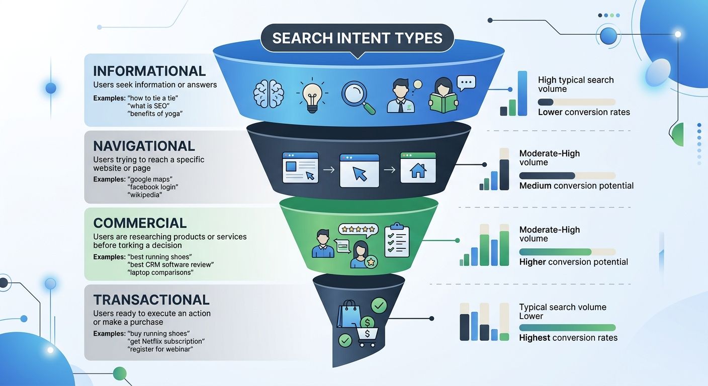 An infographic showing the four types of search intent (informational, navigational, commercial, transactional) with example keywords for each, their typical search volumes, and their relative convers