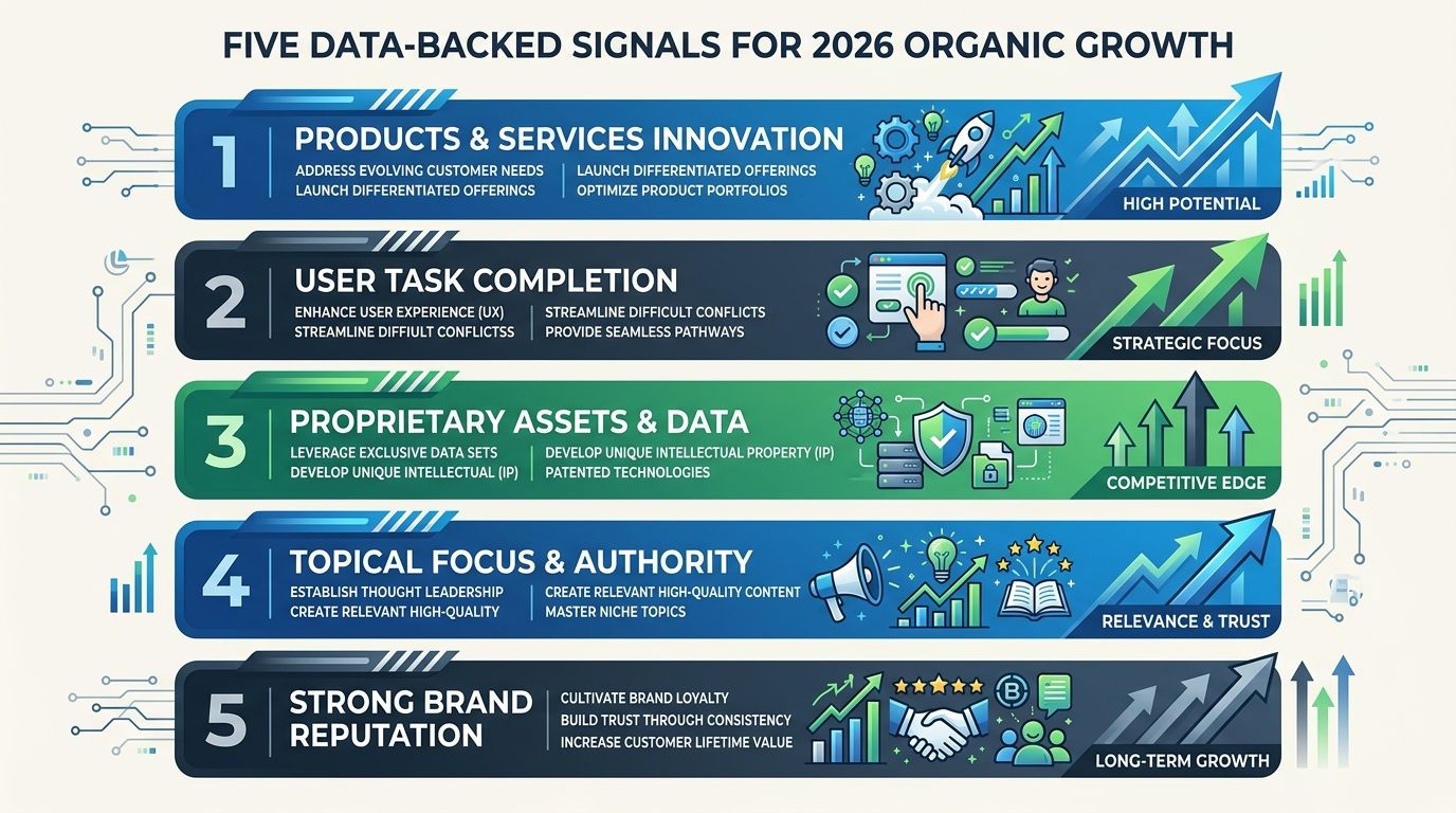 Infographic with five horizontal bars showing the five data-backed signals for 2026 organic growth including products, task completion, proprietary assets, topical focus, and brand strength, each with