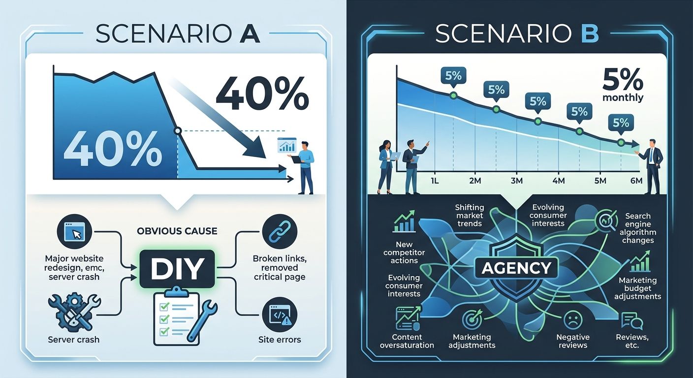 Infographic comparing two scenarios side by side - Scenario A showing a sharp 40% traffic drop with an obvious cause diagram and DIY label, and Scenario B showing a gradual 5% monthly decline over 6 m