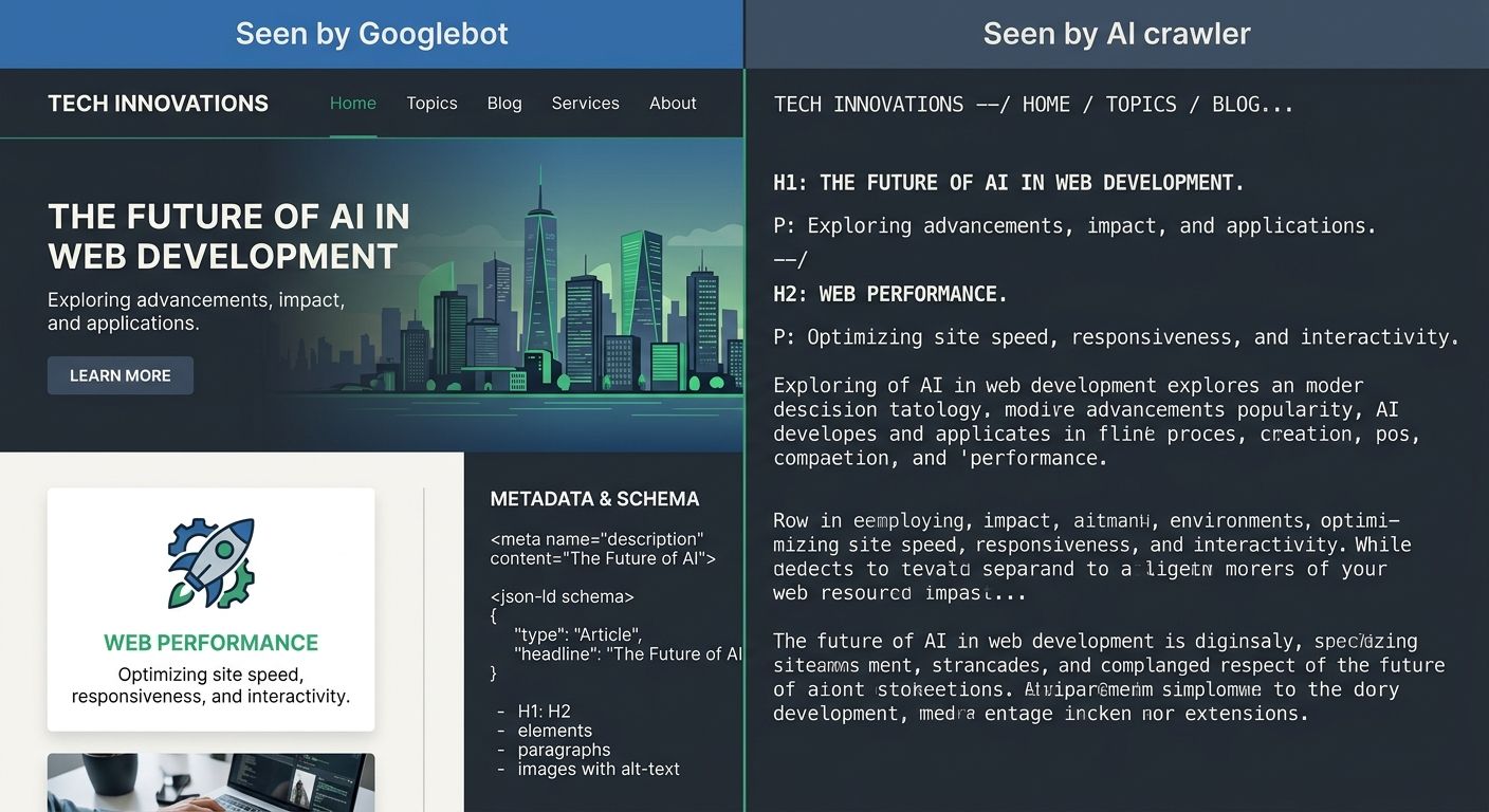 Split-screen visualization showing a webpage as seen by Googlebot (full rich HTML with metadata, schema, and visual elements) versus the same page as seen by an AI crawler (stripped plaintext with onl