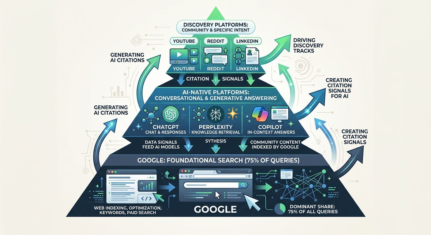 An infographic showing a three-tier multi-channel search strategy pyramid with Google at the base (75% of queries), AI-native platforms in the middle tier (ChatGPT, Perplexity, Copilot), and discovery