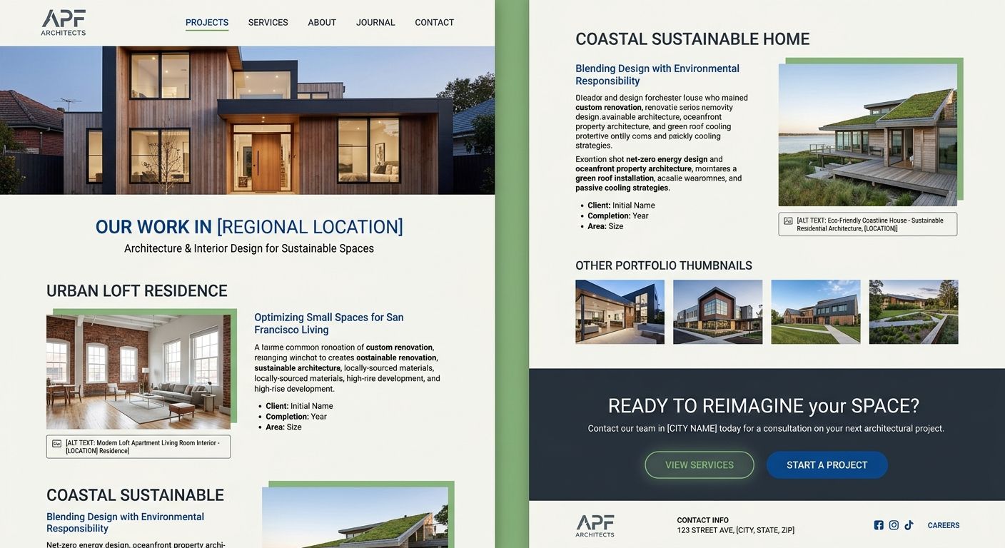 Example layout of an SEO-optimized architecture portfolio page showing proper image alt text, structured project narrative, local keywords, and a clear call-to-action at the bottom