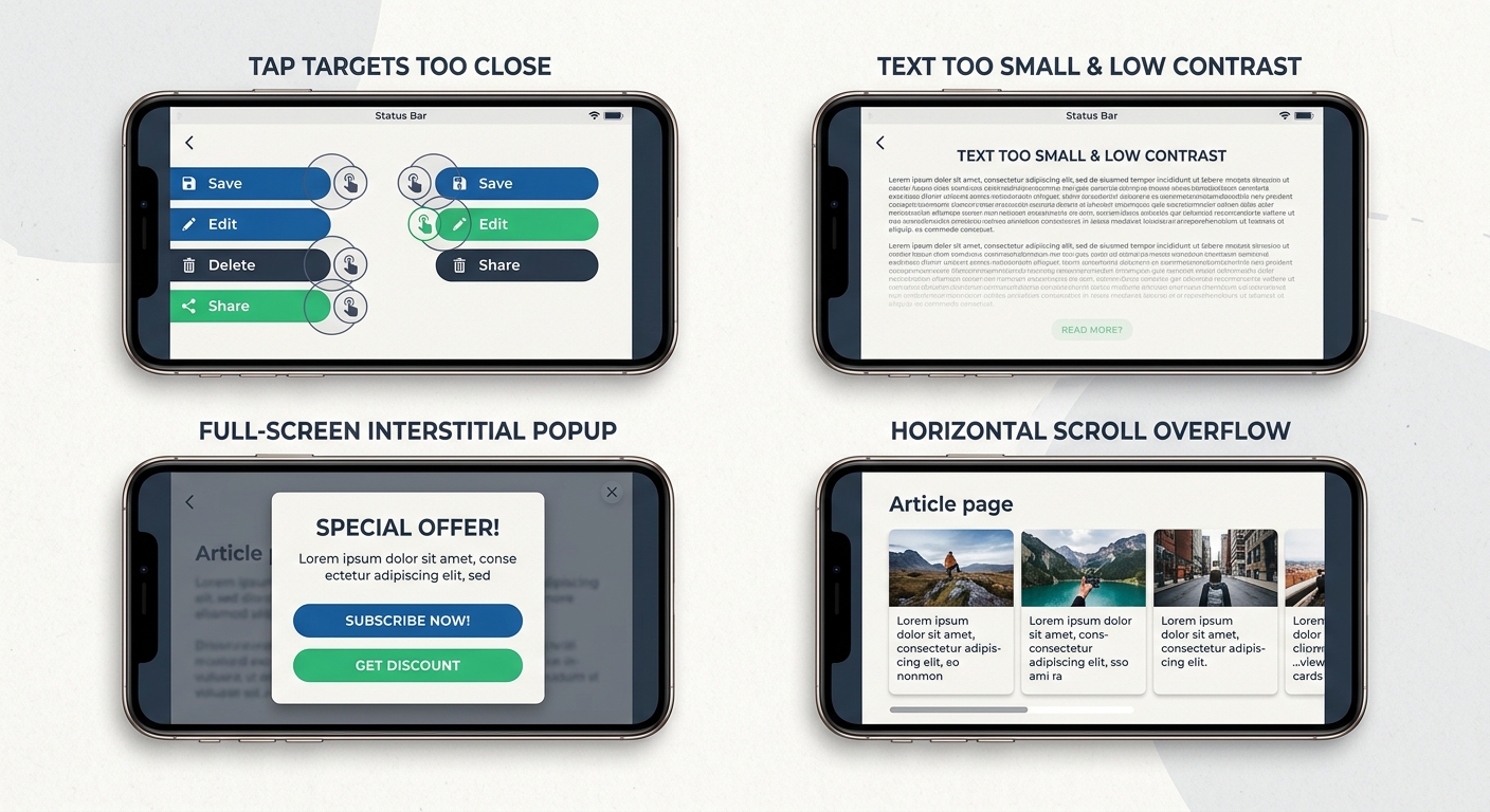 A mobile phone screen showing common UX failures side by side: tap targets too close together, text too small to read, a full-screen interstitial popup blocking content, and a page with horizontal scr