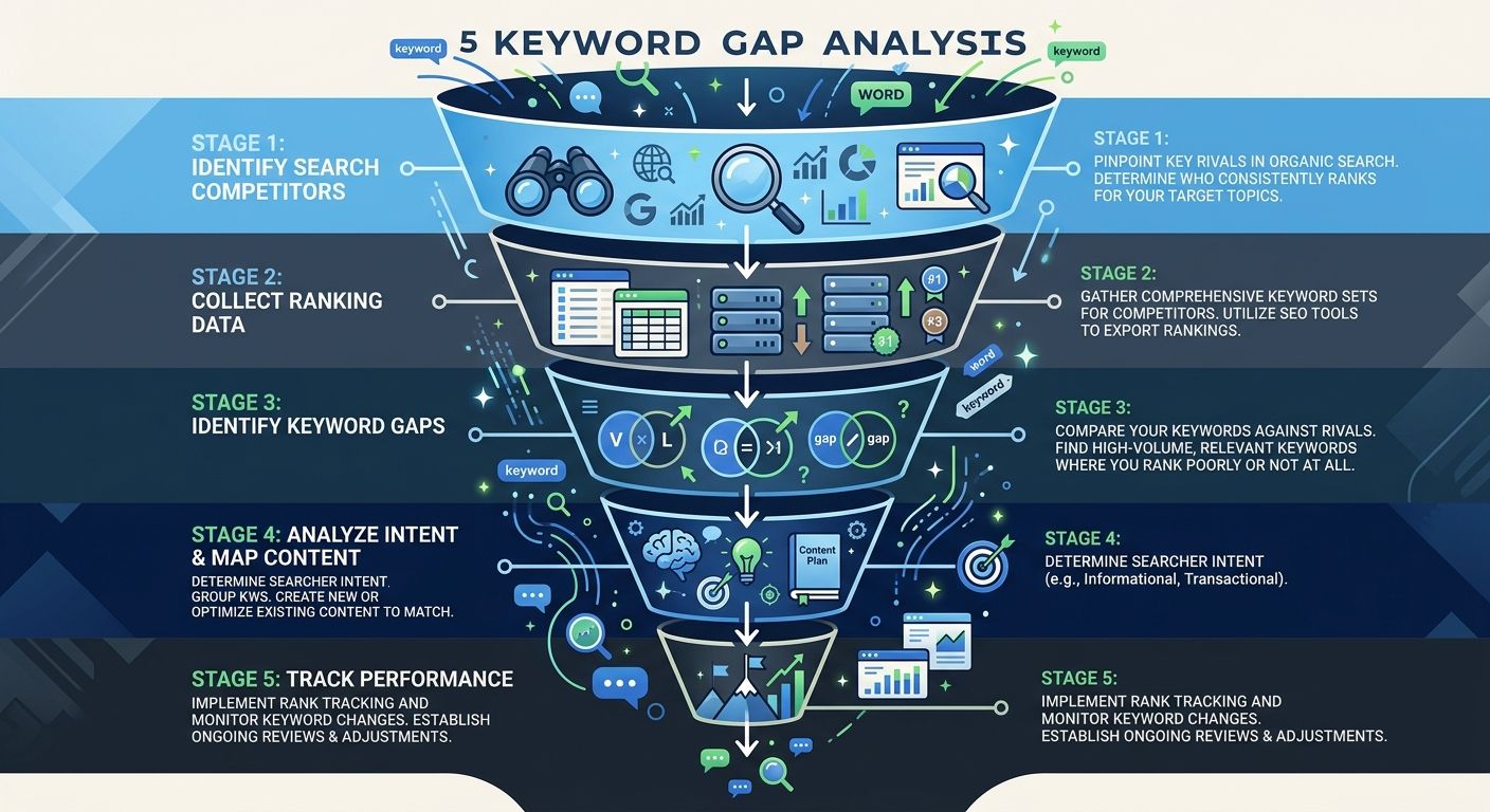 Infographic showing the 5 stages of keyword gap analysis as a funnel diagram, from identifying search competitors at the top through filtering by intent, mapping to content, and tracking, with the num