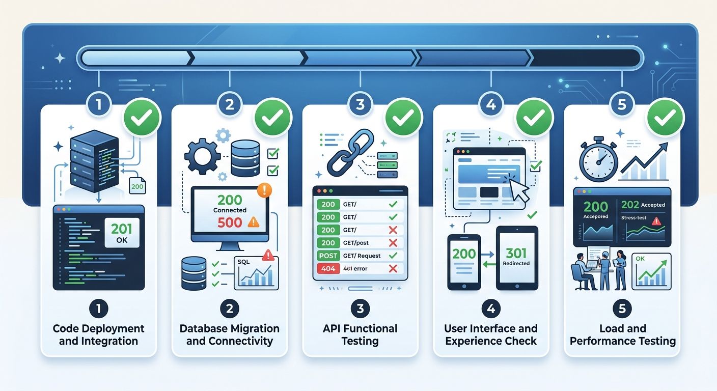 checklist-style visual showing five pre-launch validation steps with status indicators (green checkmarks and red warnings), depicting a staging environment testing workflow with sample HTTP response c
