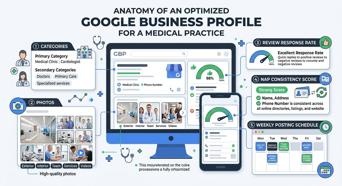 An infographic showing the anatomy of a fully optimized Google Business Profile for a medical practice, with labeled sections for categories, photos, review response rate, NAP consistency score, and w