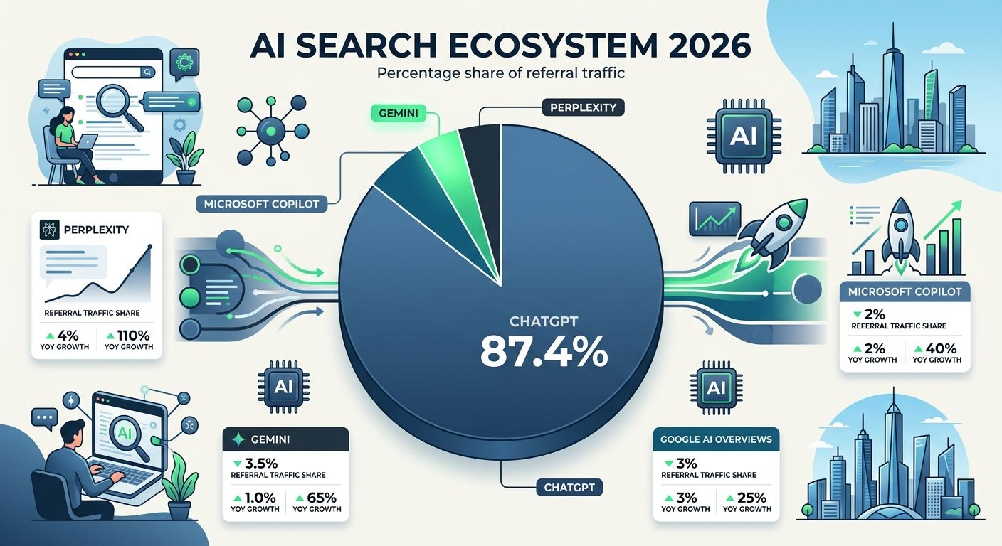 An infographic showing the AI search ecosystem in 2026, with pie chart of referral traffic share across ChatGPT (87.4%), Perplexity, Gemini, Google AI Overviews, and Microsoft Copilot, along with year