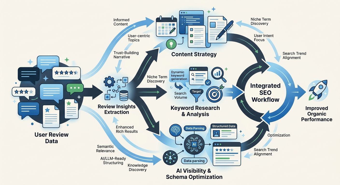 A diagram showing how review data feeds into content strategy, keyword research, and AI visibility optimization as part of an integrated SEO workflow