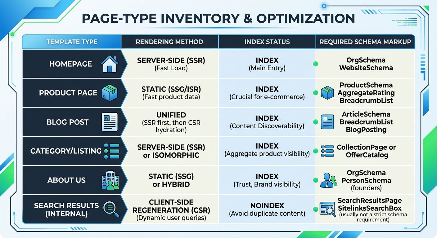 An infographic showing a page-type inventory table with columns for template type, rendering method (SSR vs CSR), index status, and required schema markup, covering 6 common page types