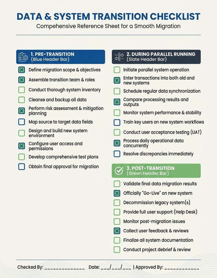 A professional checklist document showing three sections—Pre-Transition, During Parallel Running, and Post-Transition—with checkboxes next to each item, designed as a printable one-page reference shee