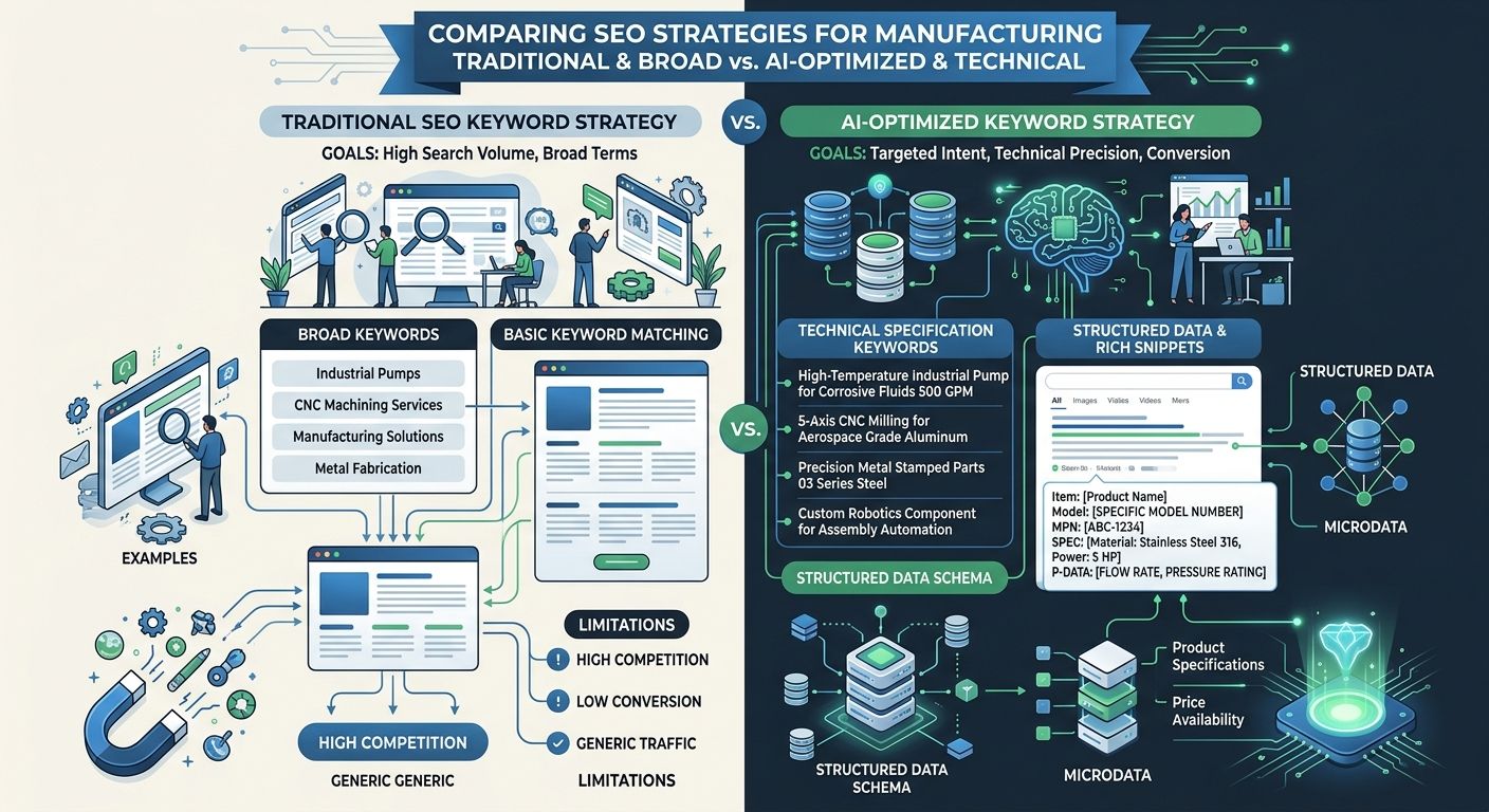 Infographic comparing traditional SEO keyword strategy for manufacturing versus AI-optimized keyword strategy, showing examples of broad keywords versus technical specification keywords with structure