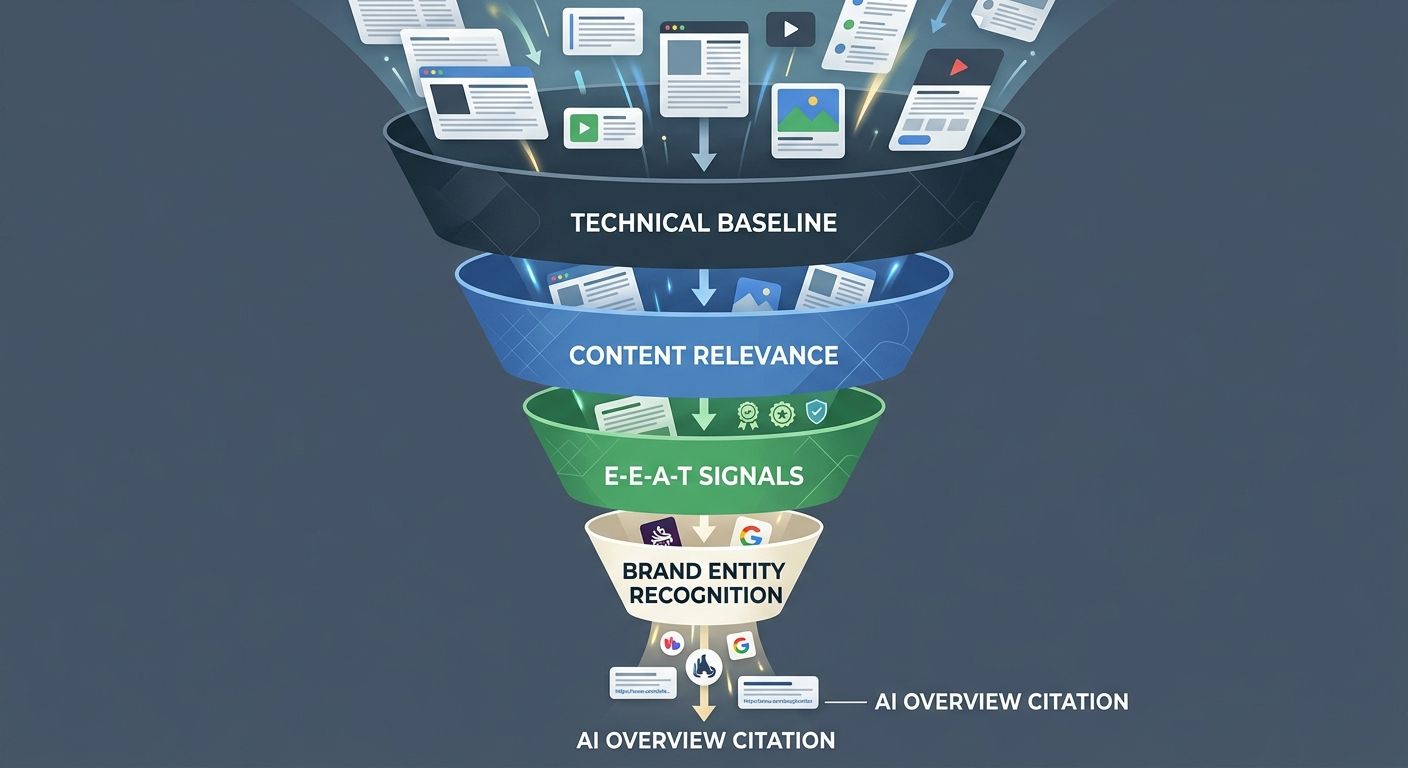 A funnel diagram showing how Google filters content for AI Overview inclusion, with four progressively narrower layers labeled technical baseline at the top, content relevance, E-E-A-T signals, and br