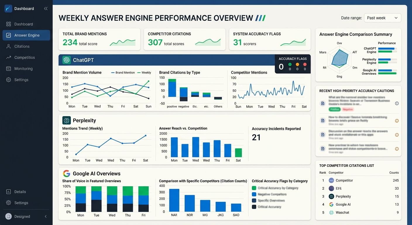 A dashboard mockup showing weekly answer engine monitoring results across ChatGPT, Perplexity, and Google AI Overviews, with brand mention tracking, competitor citation counts, and accuracy flags