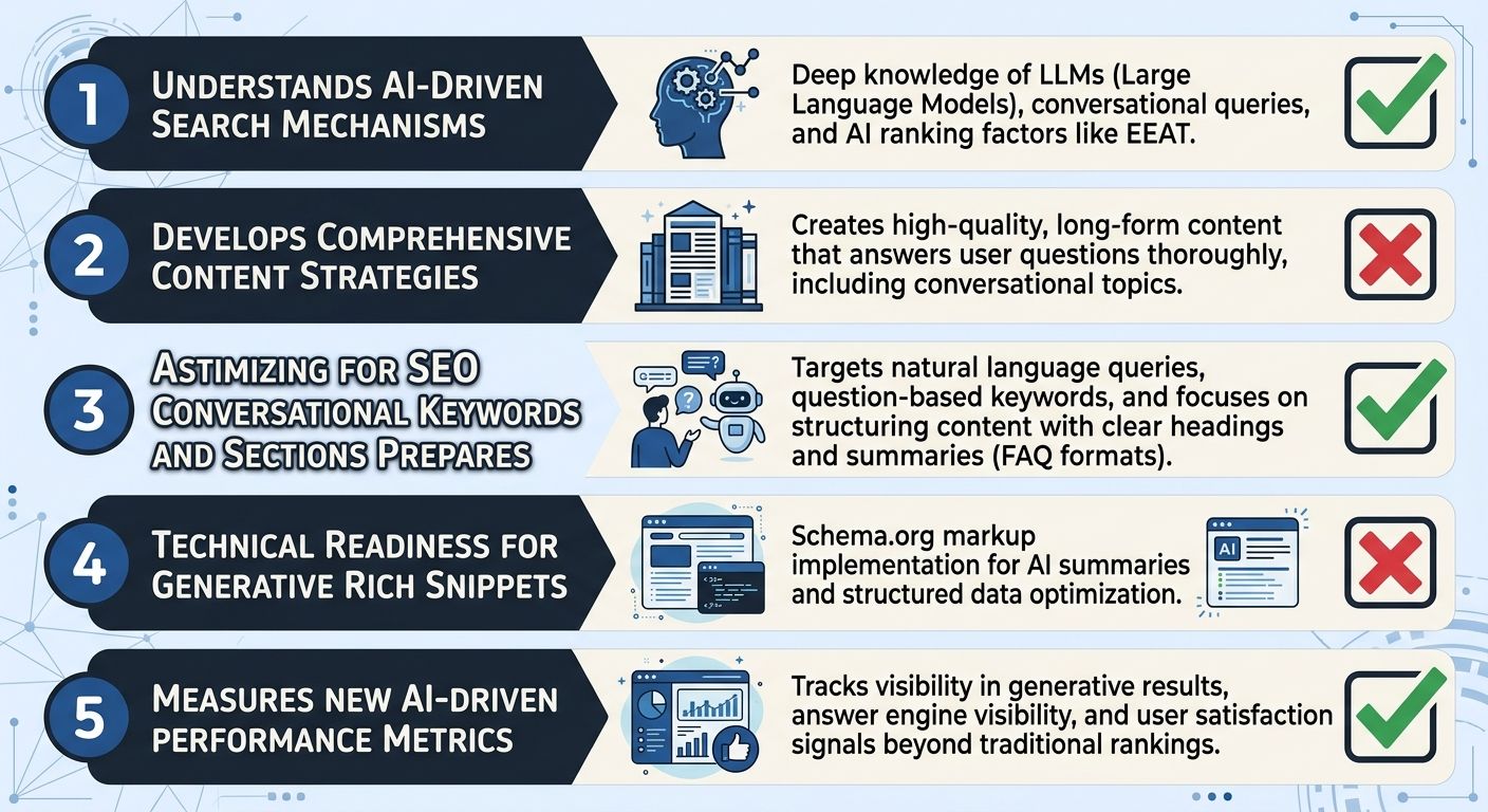 A checklist-style illustration showing 5 evaluation criteria for assessing whether an SEO agency is prepared for generative search, with green checkmarks and red X marks