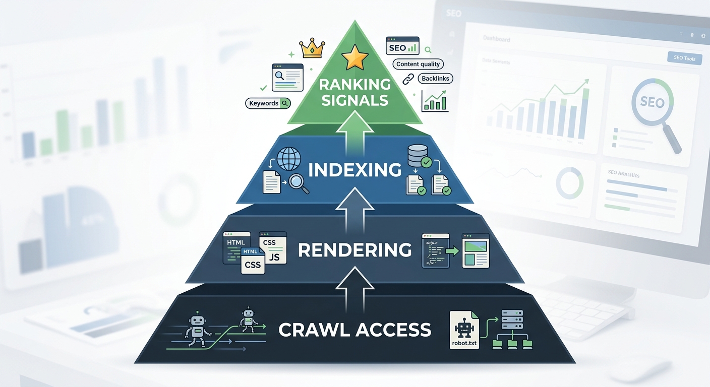 A pyramid diagram showing four layers of SEO debugging from bottom to top: Crawl Access at the base, Rendering in the middle-lower section, Indexing in the middle-upper section, and Ranking Signals at