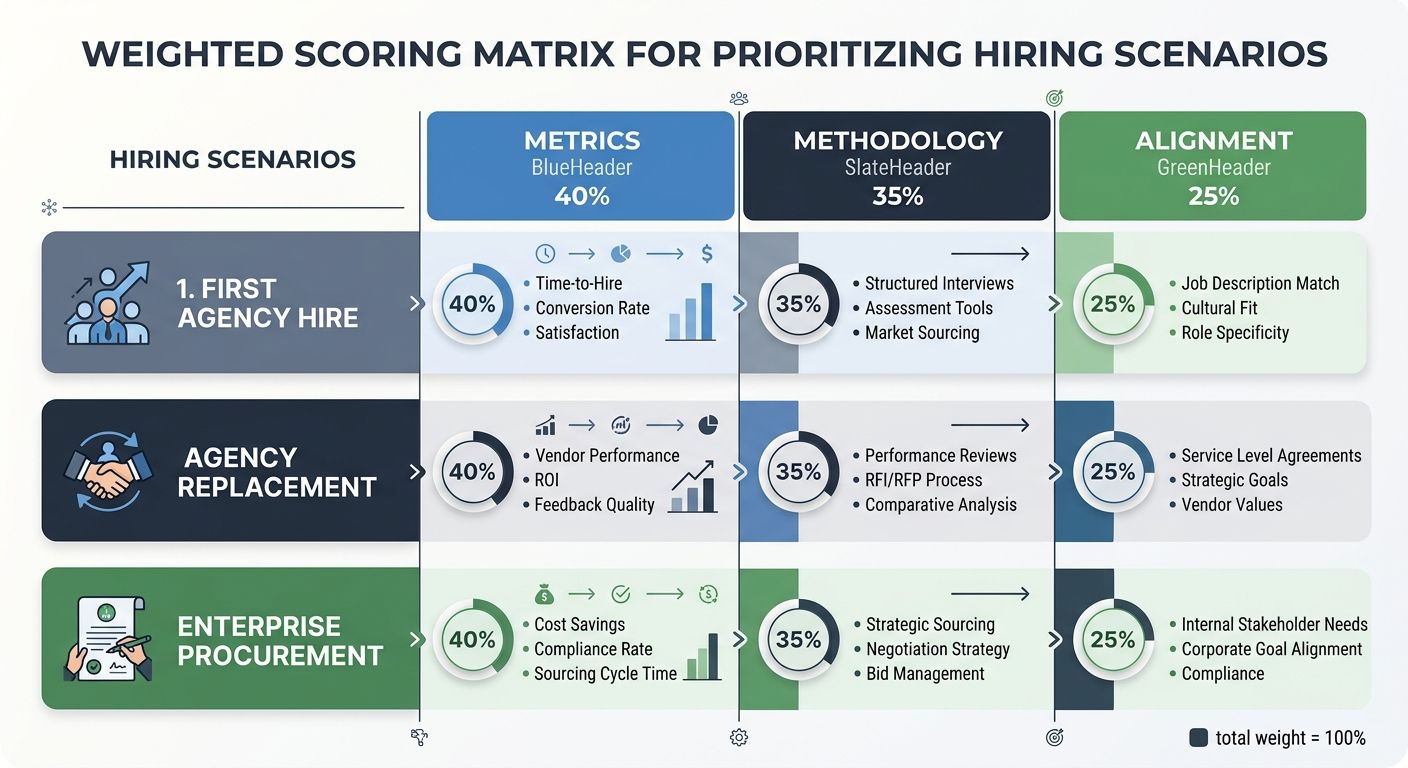 A weighted scoring matrix showing three rows (First Agency Hire, Agency Replacement, Enterprise Procurement) with columns for Metrics, Methodology, and Alignment weights, each with specific percentage