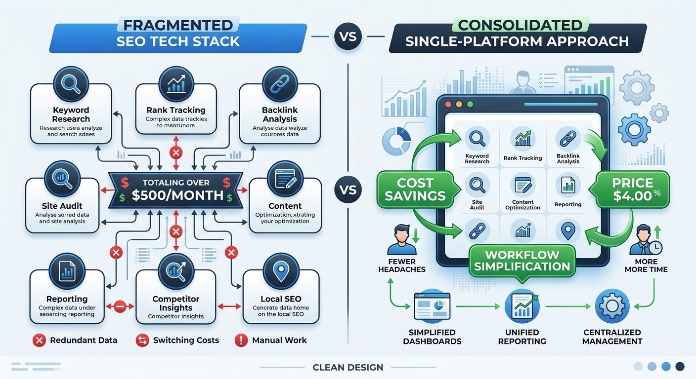 An infographic comparing a fragmented agency tech stack of 6-8 separate SEO tools with subscription costs totaling over $500/month versus a consolidated single-platform approach showing cost savings a