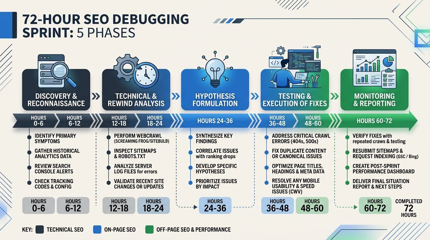 A horizontal timeline diagram showing the 72-hour SEO debugging sprint, divided into five phases with specific tasks listed under each time block, color-coded by the pyramid layer being investigated.