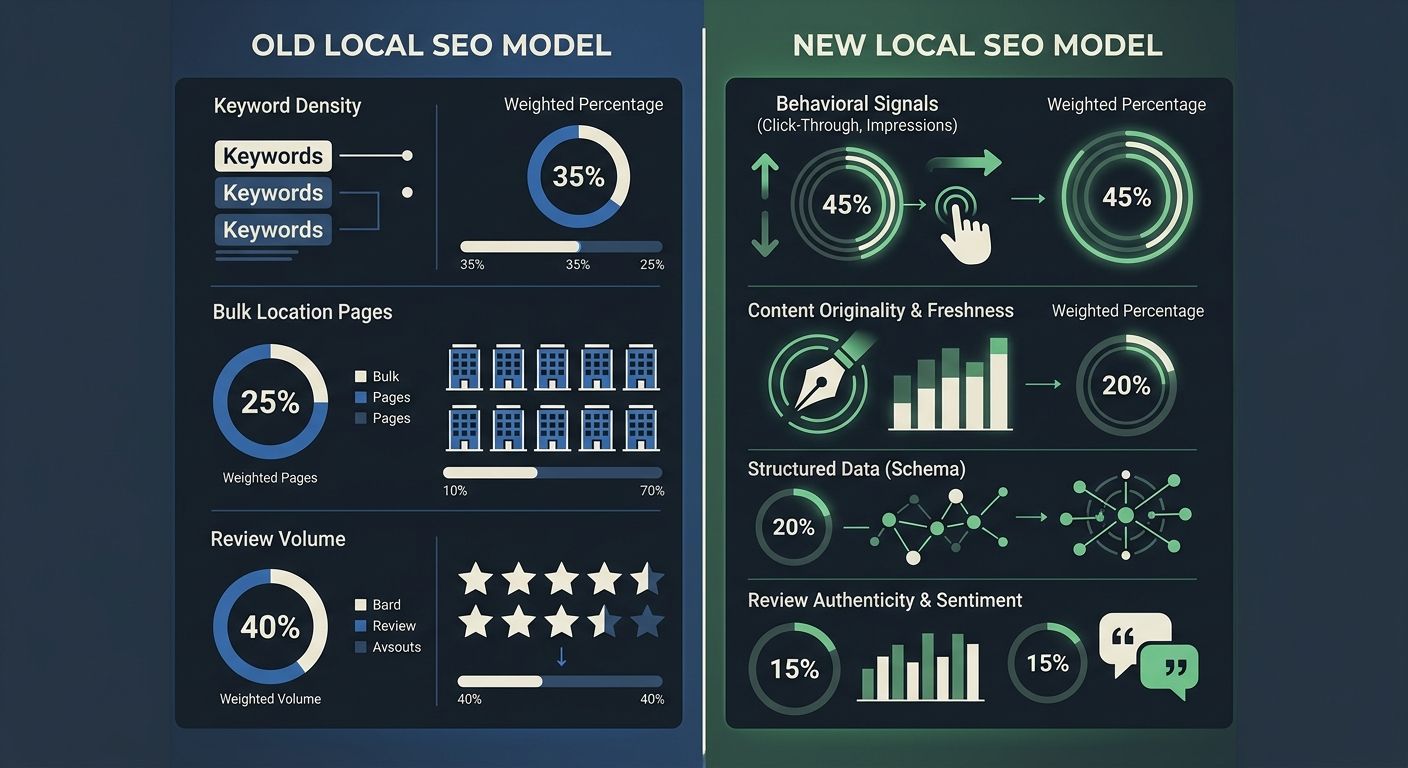 Split comparison showing the old local SEO ranking model (keyword density, bulk location pages, review volume) versus the new model (behavioral signals, content originality, structured data, review au