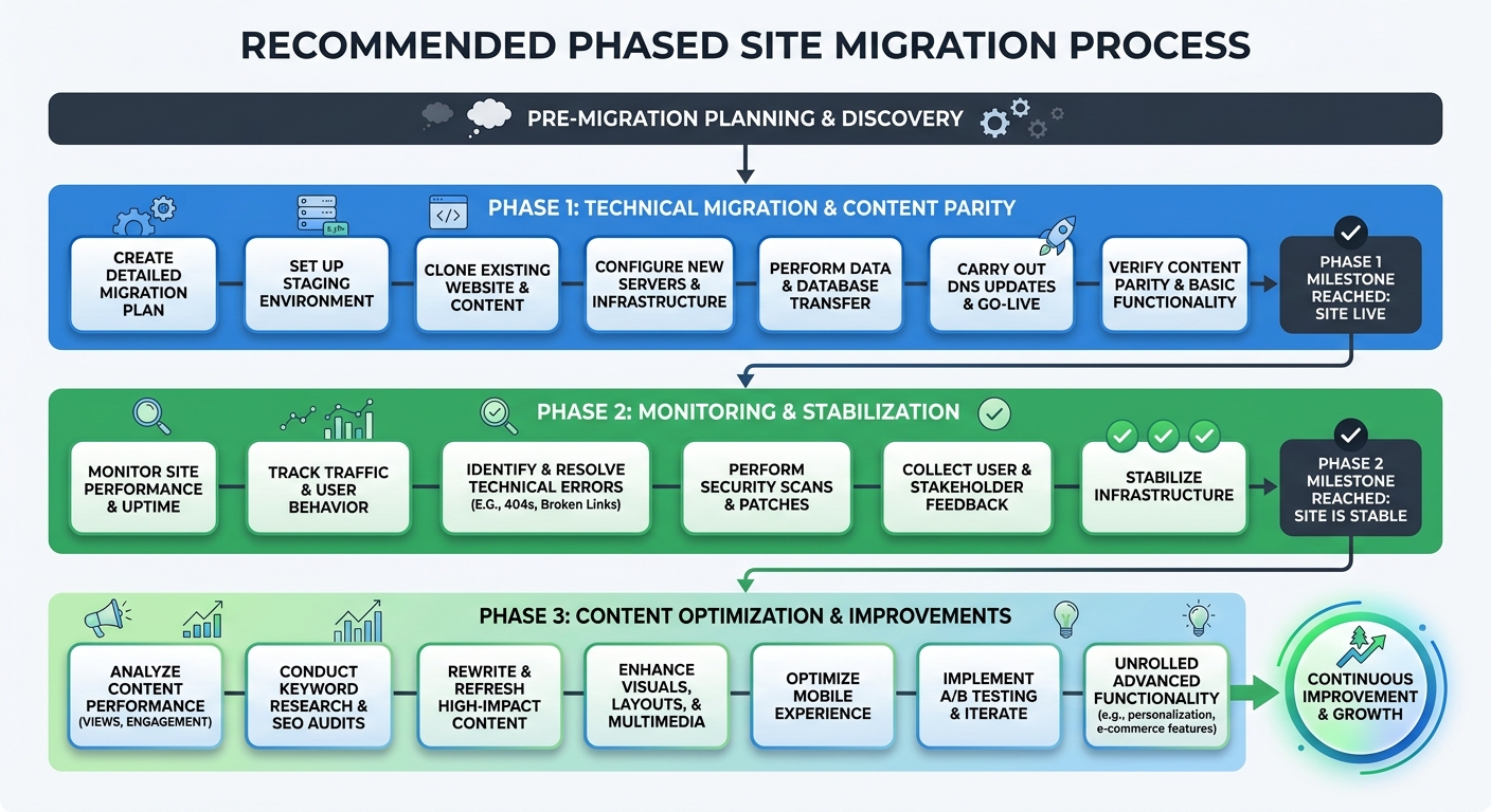 A flowchart showing the recommended phased approach to site migration, with Phase 1 being technical migration with content parity, Phase 2 being monitoring and stabilization, and Phase 3 being content
