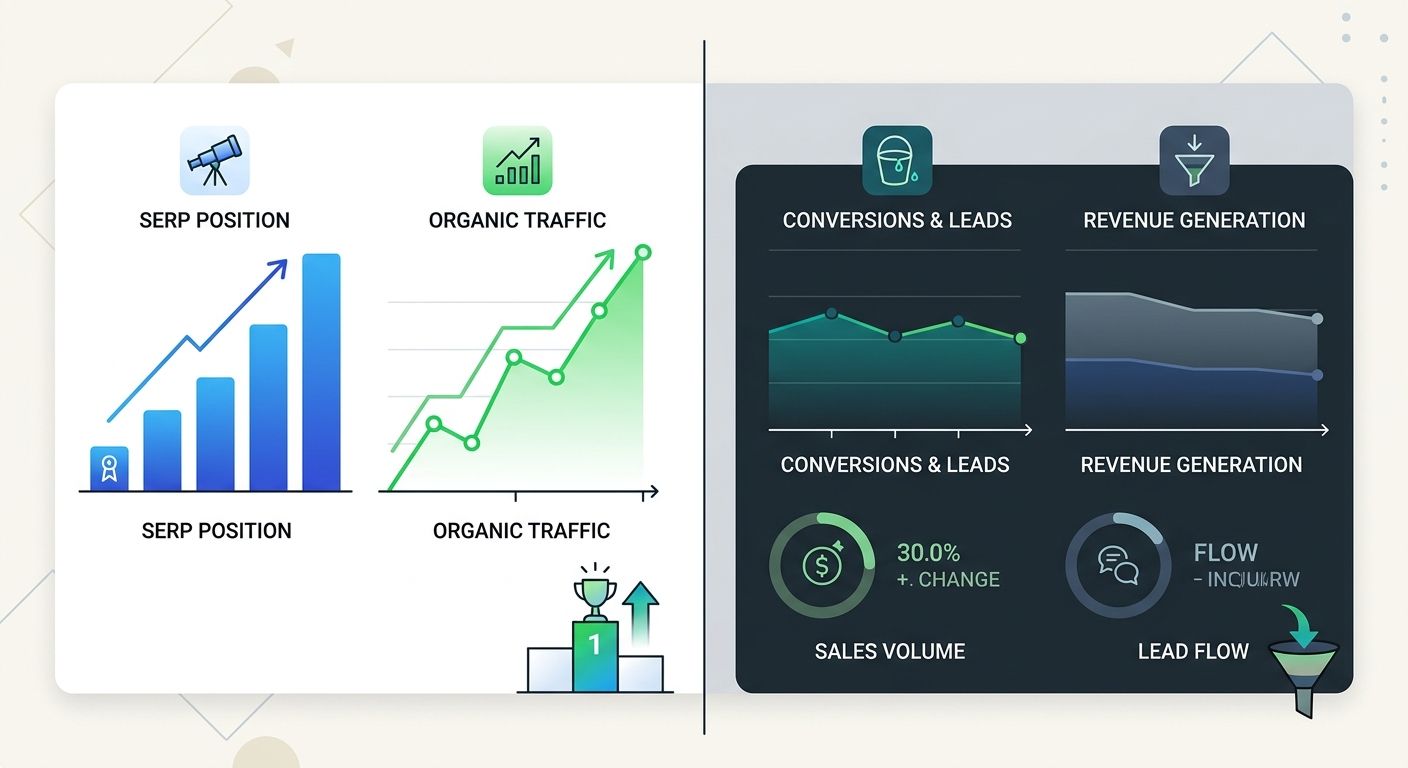A split-screen illustration comparing two views of the same SEO campaign - one side showing optimistic ranking and traffic charts, the other showing flat or declining revenue and lead generation metri