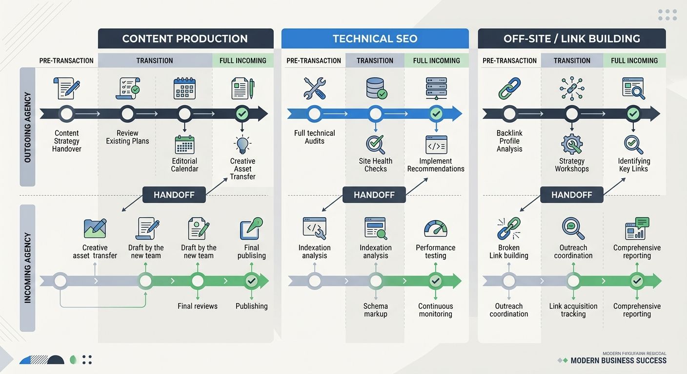 An infographic showing three columns labeled "Content Production," "Technical SEO," and "Off-Site/Link Building," each with a timeline showing staggered handoff dates from outgoing to incoming agency,