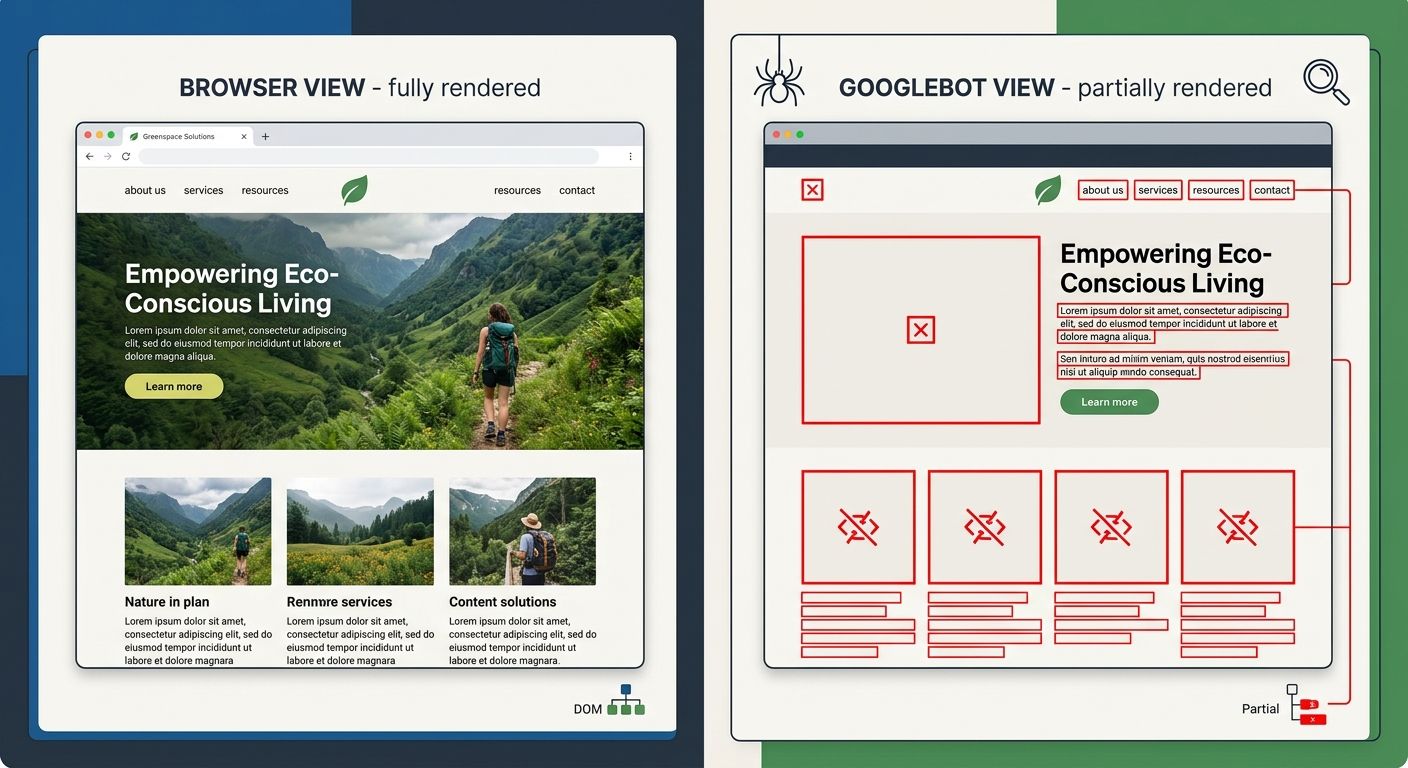 A split-screen comparison showing a fully rendered webpage on the left (as seen in a browser) versus a partially rendered version on the right (as seen by Googlebot) with missing navigation elements,