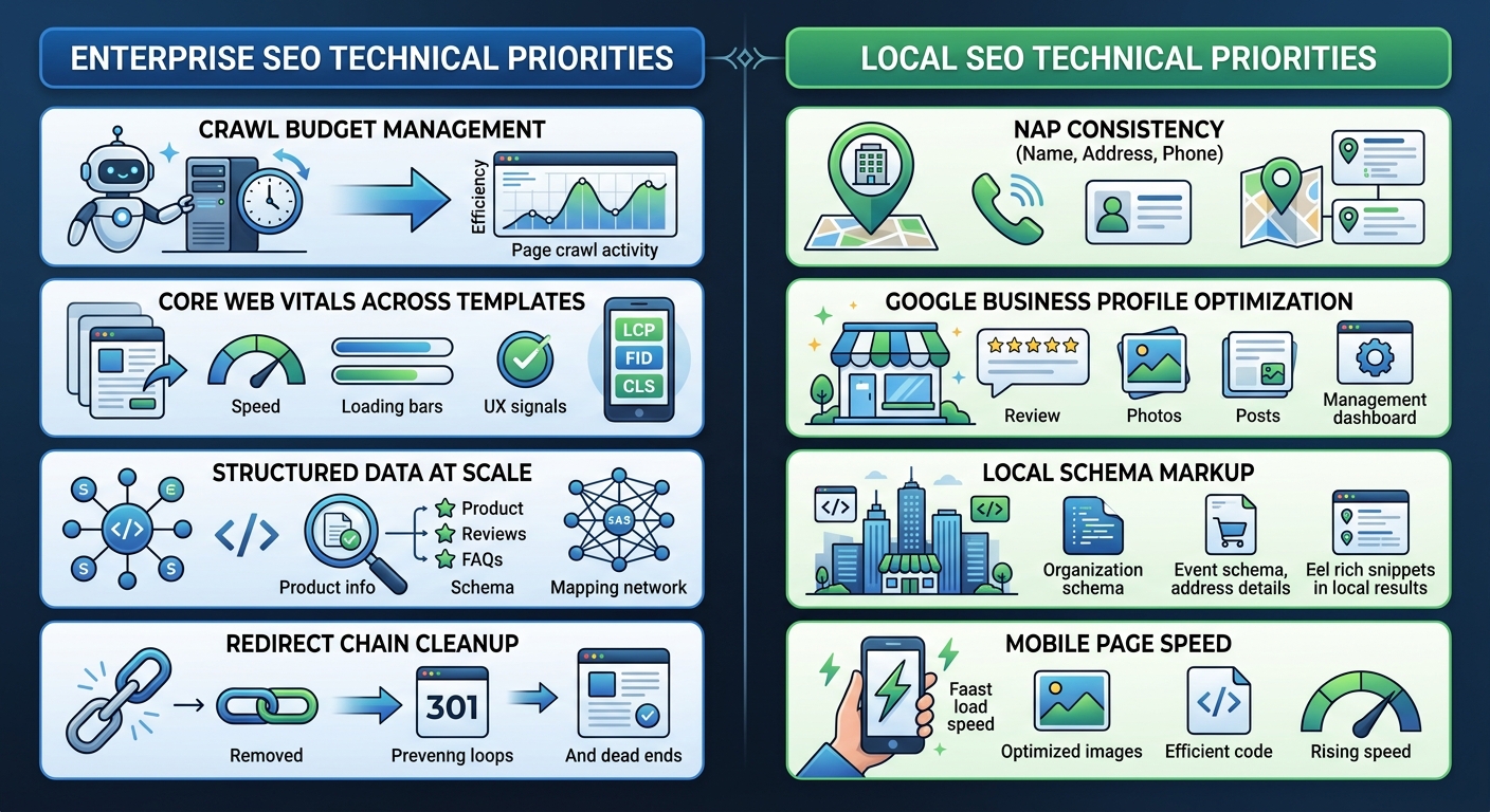 An infographic comparing enterprise SEO technical priorities (crawl budget management, Core Web Vitals across templates, structured data at scale, redirect chain cleanup) versus local SEO technical pr