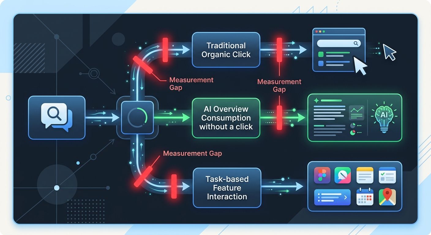 Flowchart showing a user query flowing through three paths including traditional organic click, AI Overview consumption without a click, and task-based feature interaction, with red highlighted measur
