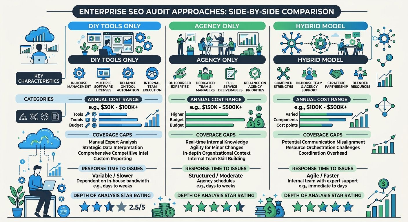 An infographic comparing three enterprise SEO audit approaches side-by-side - DIY Tools Only, Agency Only, and Hybrid Model - showing annual cost ranges, coverage gaps, response time to issues, and a 