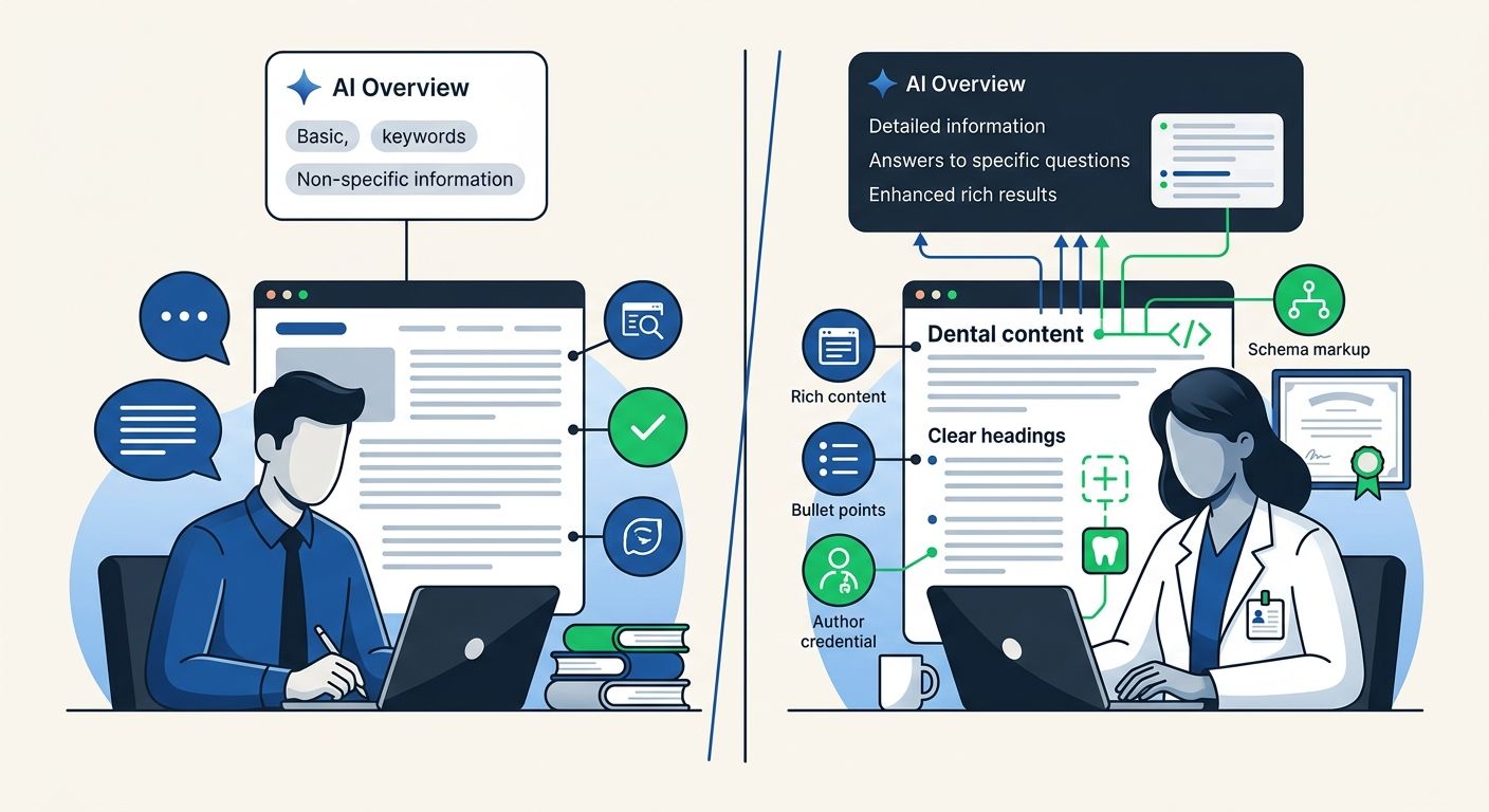 Side-by-side comparison of two content approaches for dental SEO - a generic "Staff Writer" blog post versus a credentialed dentist-authored piece with structured data markup, showing which elements A