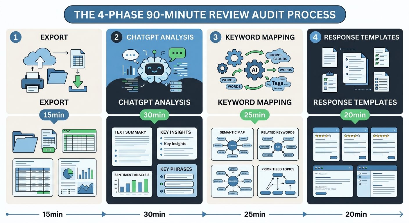 An infographic showing the 4-phase 90-minute review audit process with time allocations — Phase 1: Export 15min, Phase 2: ChatGPT Analysis 30min, Phase 3: Keyword Mapping 25min, Phase 4: Response Temp