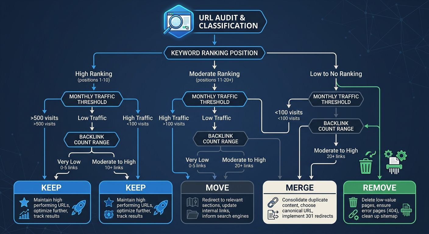 infographic showing the four URL classification categories (Keep, Move, Merge, Remove) arranged in a decision flowchart, with branching criteria based on monthly traffic thresholds, backlink count ran