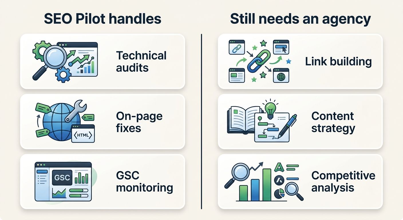 Side-by-side comparison illustration showing two columns - left column labeled "SEO Pilot handles" listing technical audits, on-page fixes, and GSC monitoring, right column labeled "Still needs an age