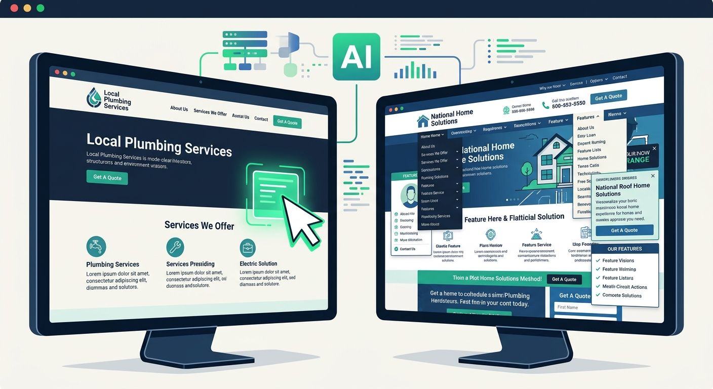A small local contractor's simple but well-structured website being highlighted and selected by an AI system, shown next to a large company's complex website that gets passed over, visualizing the con
