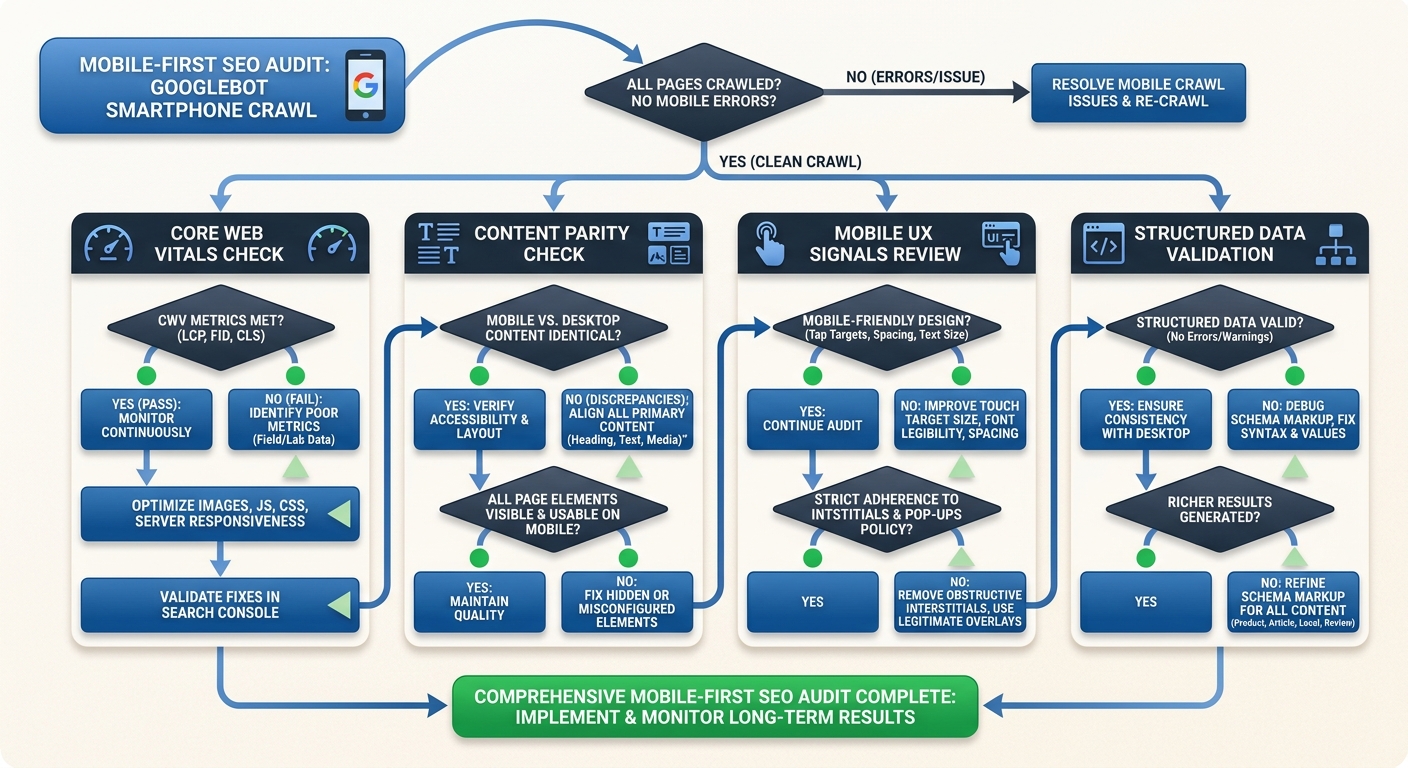 A flowchart diagram showing a mobile-first SEO audit workflow: starting with Googlebot Smartphone crawl, then branching into Core Web Vitals check, content parity check, mobile UX signals review, and