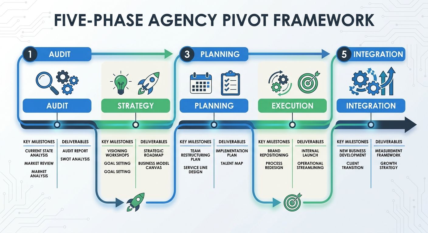 A timeline diagram illustrating the five-phase agency pivot framework, from audit through integration, with key milestones and deliverables labeled at each phase