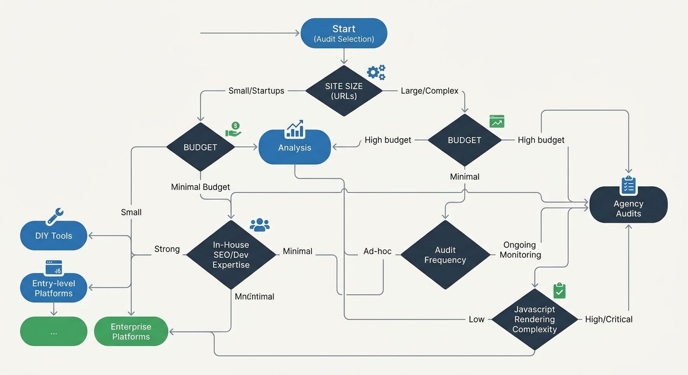 A decision flowchart showing when to choose DIY tools vs enterprise platforms vs agency audits, with decision nodes for site size, budget, in-house expertise, audit frequency, and JavaScript rendering