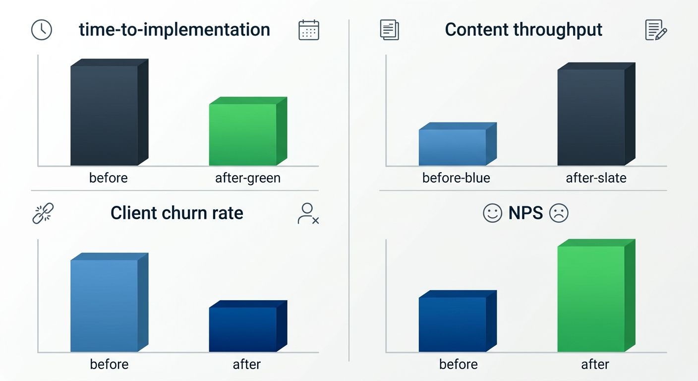 A before-and-after bar chart comparing SEO project metrics like time-to-implementation, client churn rate, content throughput, and NPS scores before and after implementing dependency management proces