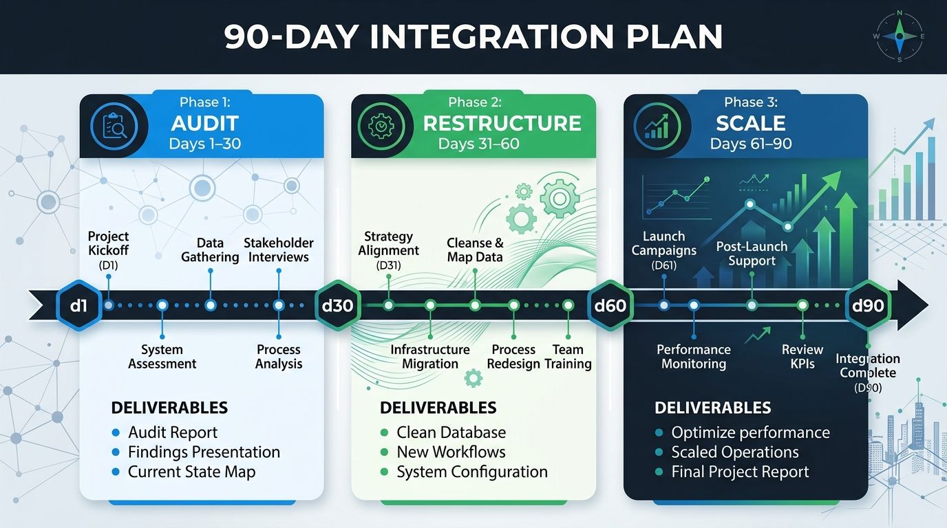 A horizontal timeline showing a 90-day integration plan divided into three phases (Audit, Restructure, Scale) with key milestones and deliverables marked at each phase