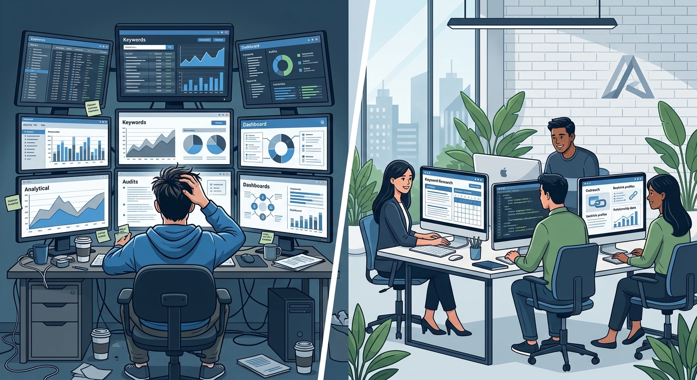 Illustration showing a person sitting at a desk surrounded by multiple SEO tool dashboards on screens, looking overwhelmed, contrasted with a team of agency specialists each focused on one aspect like