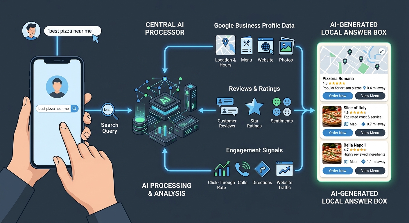 A visual showing the flow of a local search query through AI systems, from user typing "best pizza near me" to AI processing GBP data, reviews, and engagement signals, then displaying an AI-generated 