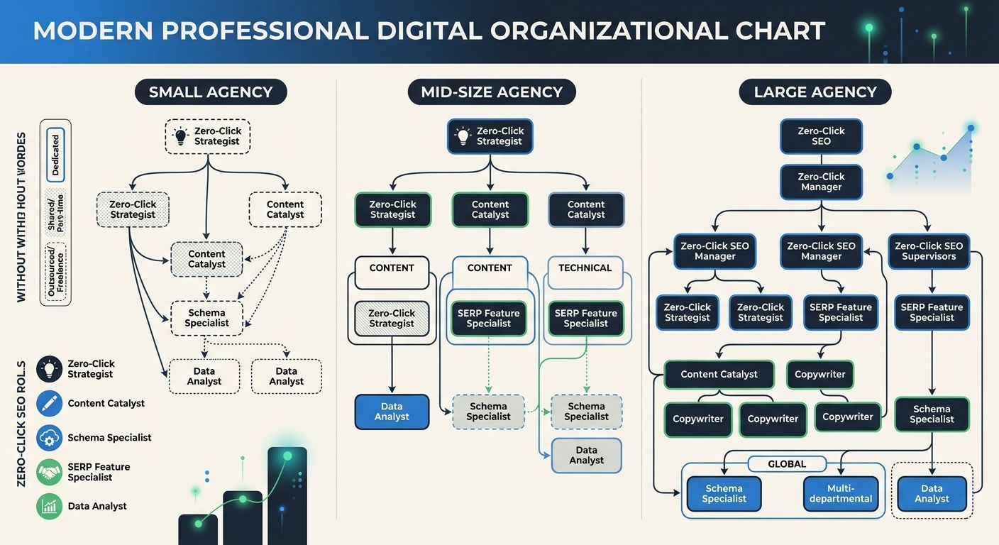 An organizational chart showing three different agency team structures (small, mid-size, and large) with the five zero-click SEO roles distributed across them, highlighting which roles are dedicated v
