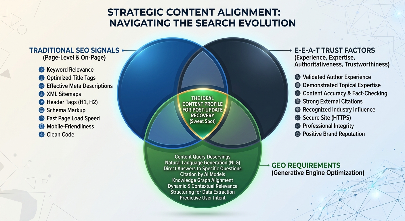 A Venn diagram showing the overlap between traditional SEO signals, E-E-A-T trust factors, and Generative Engine Optimization requirements, with the sweet spot in the center labeled as the ideal conte